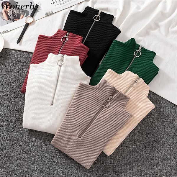 

women's sweaters woherb autumn winter basic knitted sweater women zipper patch half turtleneck slim pullover jumper korean modis pull, White;black
