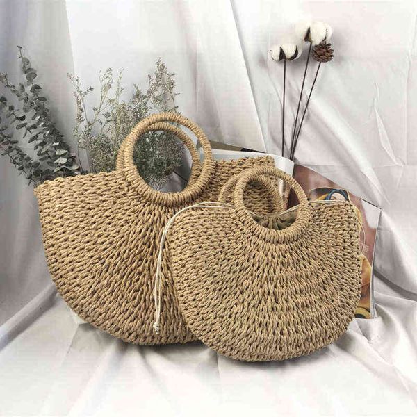

shopping bags summer beach women bohemia large capacity handbag handmade handle half-round rattan travel pouch sac 220318