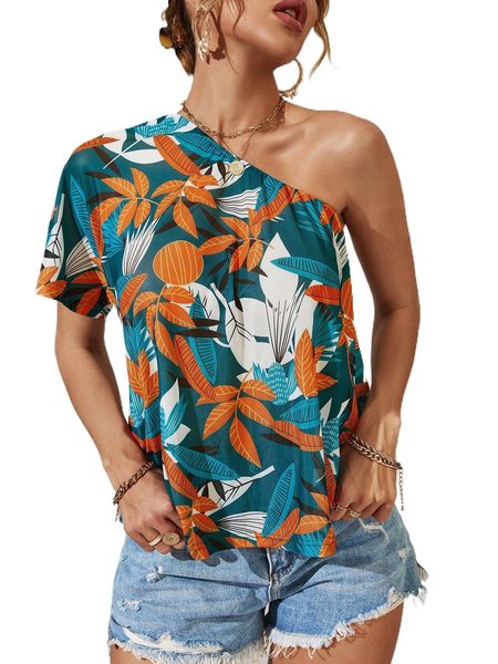 

leaf print one shoulder mesh x9up#, White