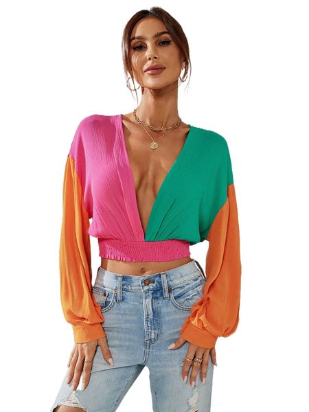 

colorblock tie backless crop blouse w9ot#, White