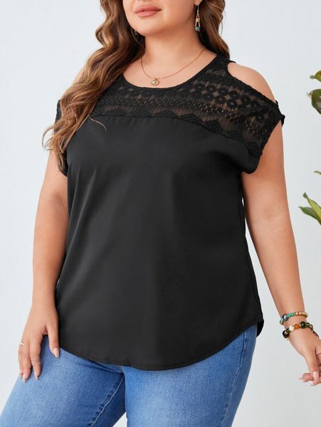 

emery rose plus lace yoke cold shoulder blouse a0fu#, Black