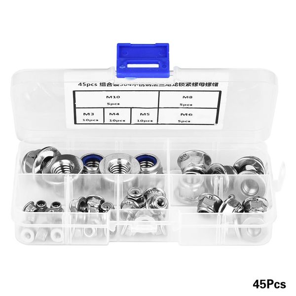 

45pcs flanged stainless steel nylon insert locknut assortment kit m3 m4 m5 m6 m8 m10