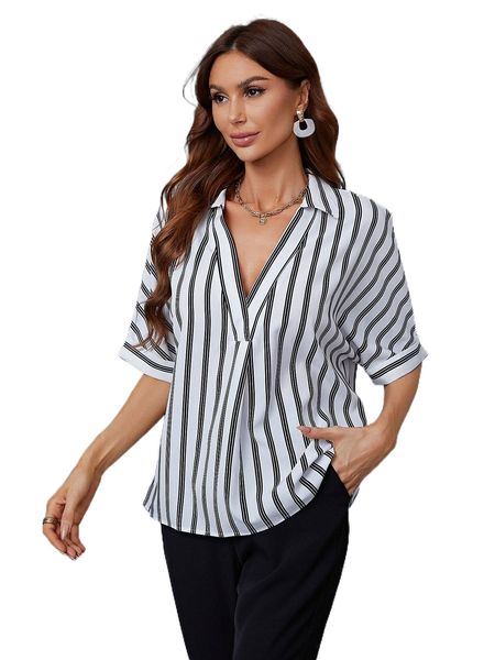

striped batwing sleeve blouse d7u3#, White