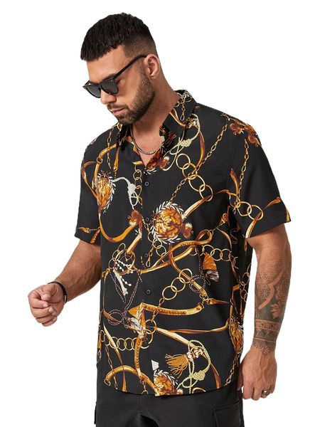 

extended sizes men tassel & chain print shirt y9gf#, White;black