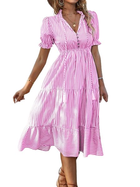 

vertical striped flounce sleeve tassel tie neck ruffle hem dress a4qu#, Black;gray