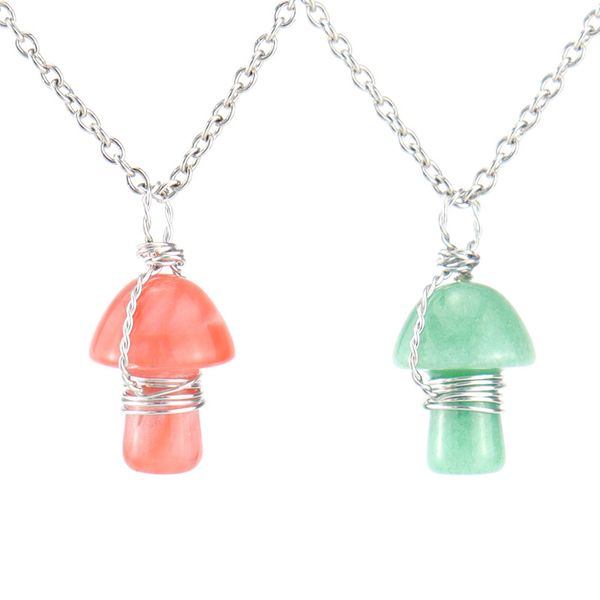 

wire wrap carving mushroom pendant reiki healing crystal tiger eye rose quartz opal aventurines necklace for women jewelry, Silver