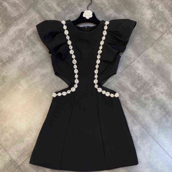 

premium summer arrival short puff sleeve neck high waist hollow out mini dress women gd420, Black;gray