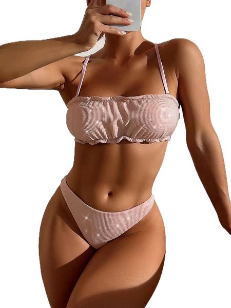 

plain rib ruched bikini swimsuit l7yg#, White;black