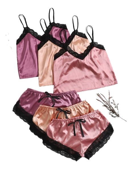 

3sets satin contrast lace lingerie set q4s0#, Black;red