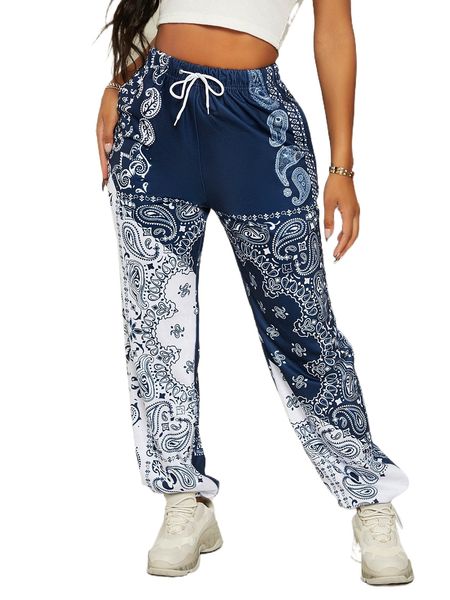 

paisley scarf print grommet drawstring waist sweatpants b3nv#, Black;white