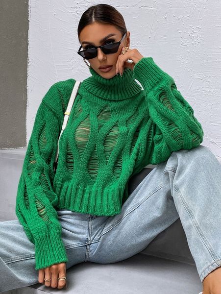 

turtleneck drop shoulder ripped sweater 3242#, White;black