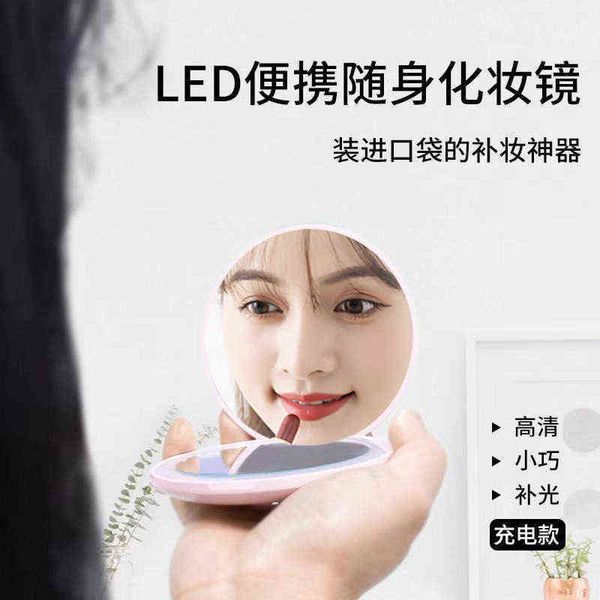 

factory outlet round portable folding small mirror led cosmetic with light magnifying glass handheld net red