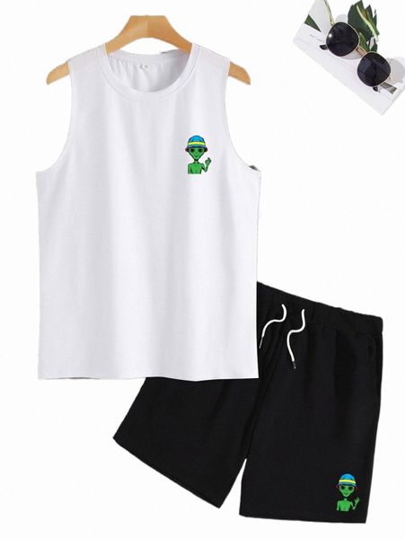 

men alien print tank & drawstring waist shorts k8go#, Gray