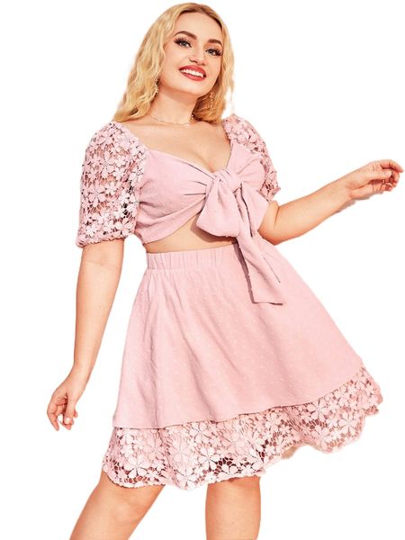 

plus tie front floral appliques crop & skirt q6uo#, Black