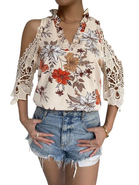 

contrast guipure lace frill cold shoulder blouse 38rv#, White
