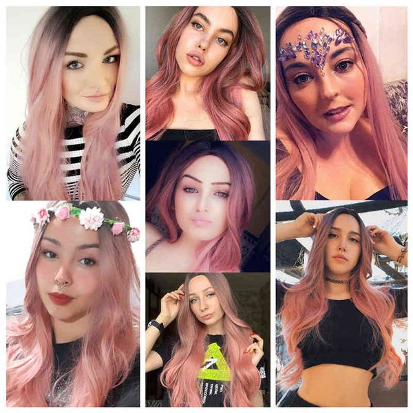 

jonrenau ombre black pink wig long wavy synthetic for women s coplay middle part natural heat reitant fiber hair 220622