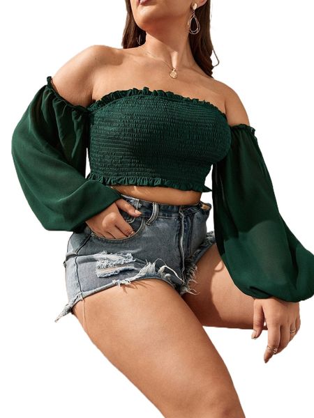 

plus off shoulder shirred frill trim lantern sleeve crop p1oz#, Black