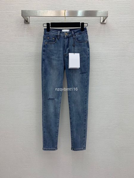 

women's jeans letter embroidery pattern back pocket decoration fashion hole high elastic small leg jeans, Blue