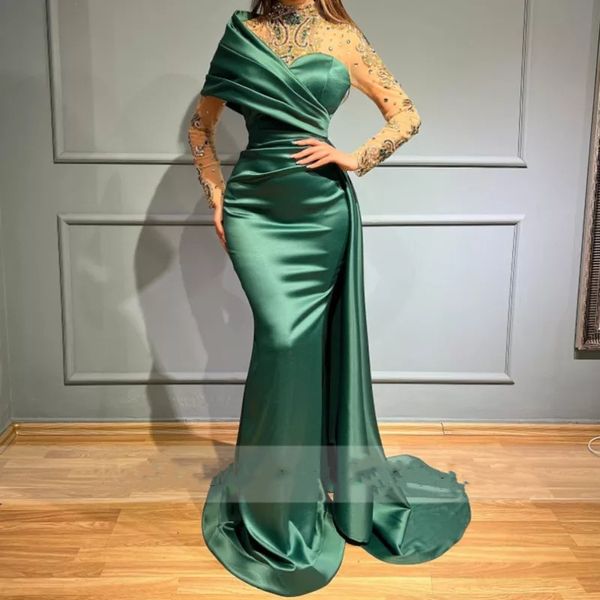 Nova chegada sereia verde dubai noite elegante rendas contas strass vestido de festa árabe vestidos de celebridades robes de soiree 322