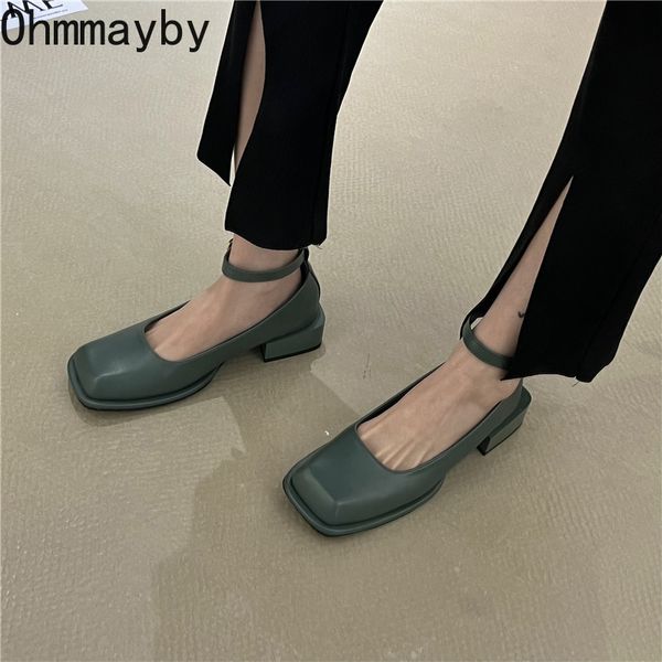 

2022 new elegant women mary jane shoes spring work shoes fashion ankle strap female square toe mid heel woman pumps, Black
