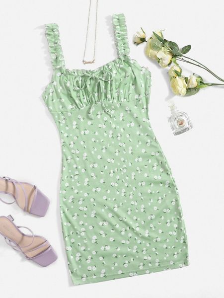 

daisy print frilled ruched bust tie front cami dress s7sw#, Black;gray