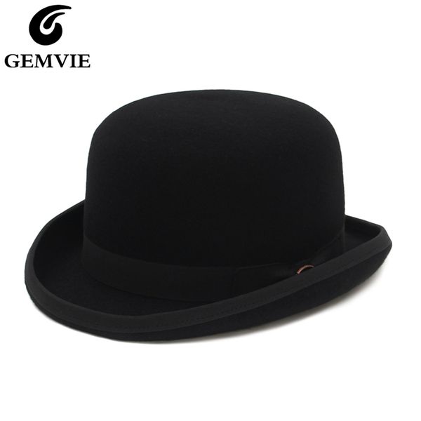 Gemvie 4 cores 100% de lã Felt Derby Bowler Hat for Men Mulheres Cetins Faciona Fedora Fedora Fedora Magician Hat 220507