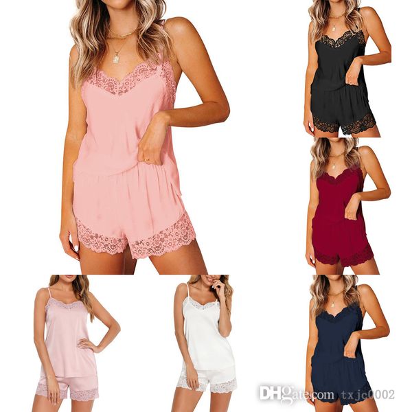 

new women pajamas lace splicing suspender shorts home two piece set s-xl, Black;red