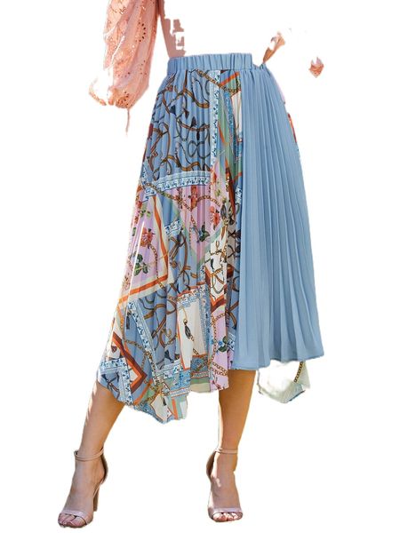 

chain print asymmetric hem pleated skirt r6r2#, Black