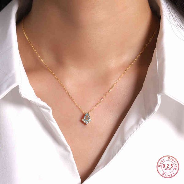

925 sterling silver french simple blue crystal drop pendant clavicle chain necklace women sweet cute student jewelry gift