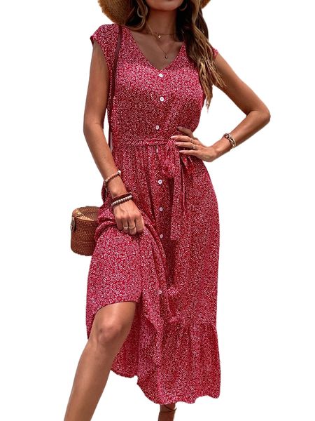 

ditsy floral button front ruffle hem belted dress m5n7#, Black;gray