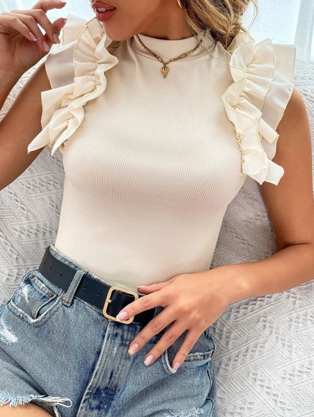 

mock neck ruffle trim tee o8q7#, White