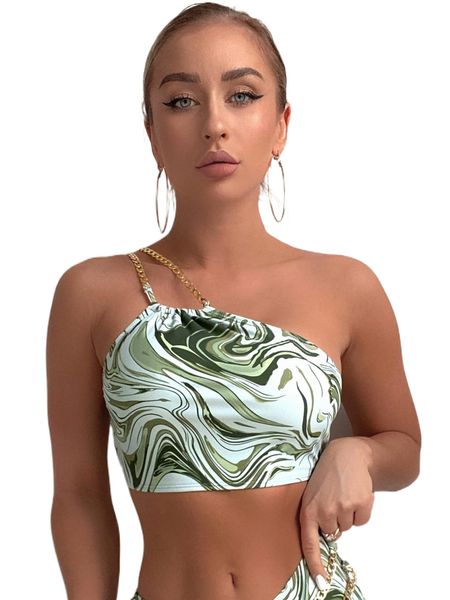 

fluid pattern chain linked one shoulder bikini w6dx#, White;black