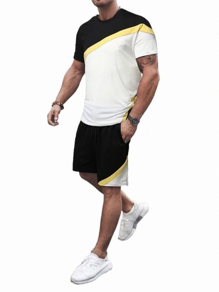 

men colorblock tee & track shorts set t0ke#, Gray