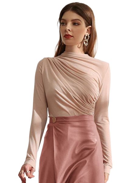 

mock neck ruched tee i3ef#, White