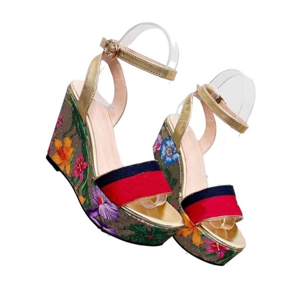 

wedge designer sandals platform sandals summer beach leather sandal designer shoes high heels with flowers tiger green stripes wedding dress, Black