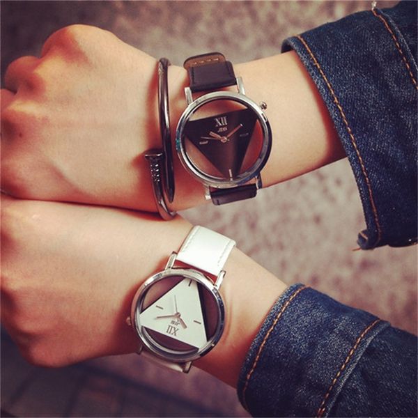 

new popular wristwatch inverted triangle transparent women relojes brief leather clock fashion ladies hour stylish watches clock, Slivery;brown