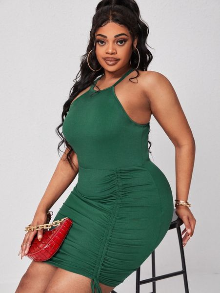 

plus drawstring front halter neck bodycon dress h499#, Black