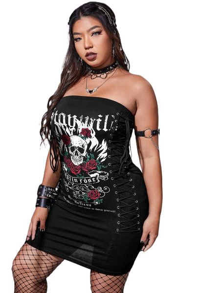 

plus floral & slogan graphic grommet lace up side tube bodycon dress p6qi#, Black