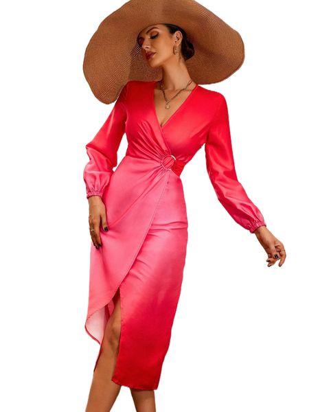 

ombre lantern sleeve o-ring detail wrap hem dress 53oo#, Black;gray