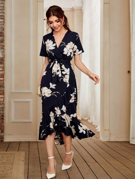 

floral belted ruffle wrap mermaid dress i2ip#, Black;gray