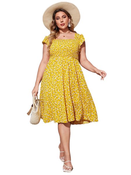 

plus ditsy floral print butterfly sleeve shirred dress s32e#, Black