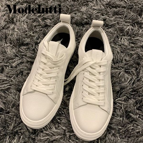 

modelutti spring autumn england style fashion genuine leather cowhide casual vulcanized pure white shoes sneakers woman 220817, Black;white