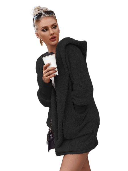 

open front pocket hooded teddy coat z0ap#, Black