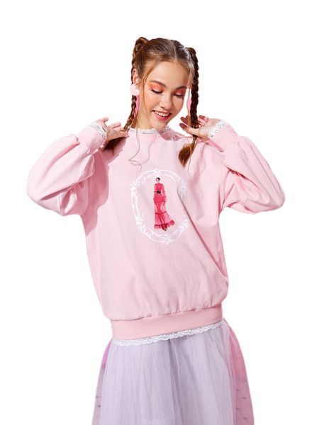 

x nadia tandra figure graphic lace trim sweatshirt j1c6#, Black