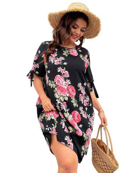 

plus floral print knot cuff tunic dress q472#, Black