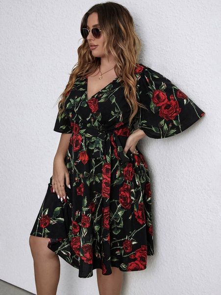 

plus floral print butterfly sleeve belted dress j9tq#, Black