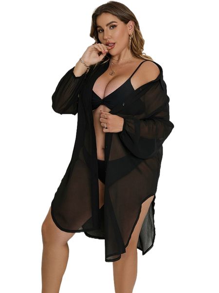 

plus chiffon lantern sleeve curved hem kimono 42ec#, Black;gray