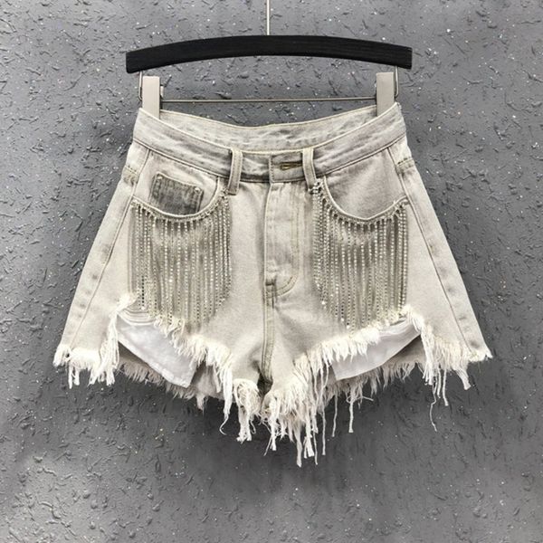 

deat spring arrivlas streetwear high waist tassel loose grey ripped denim shorts women mi862 y200822, Blue