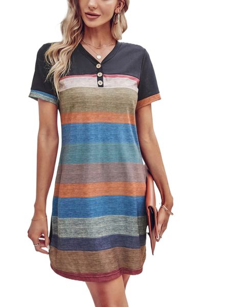 

block striped quarter button dress z7zh#, Black;gray