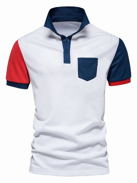 

men color block patched pocket polo shirt h57c#, White;black